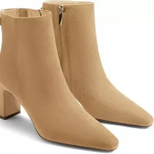 Coutgo Women's Ankle Boots – Chunky Heel Closed Toe Booties with Side Zipper for Winter (Khaki)