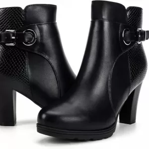 mysoft Chunky Stacked Heel Ankle Boots – Buckle Strap Zipper Booties with Comfortable PU Upper