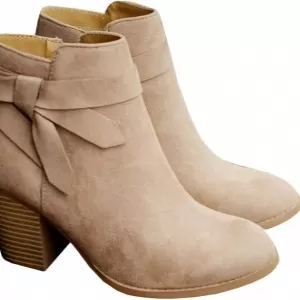 PiePieBuy Women's Tie Knot Chelsea Ankle Boots – Stacked Heel Booties with Side Zipper (Beige)