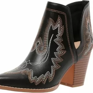 SelRoys Women's Cowboy Ankle Boots – Western Embroidered Pointed Toe Chunky Heel Short Booties (Black)