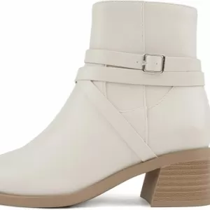 Soda Heron Women's Round Toe Ankle Boot – Low Block Heel Boots with Side Zipper (Bone-S Pu)