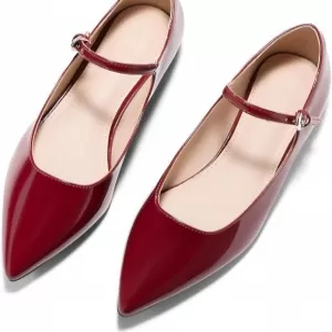 Coutgo Womens Mary Jane Flats – Closed Pointed Toe Ballet Flats with Ankle Strap for Work Office
