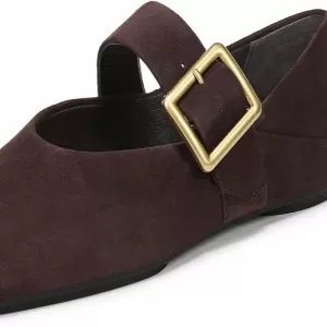 Franco Sarto Women's Oakes Mary Jane Flats – Square Toe Ballet Shoes with Bold Buckle Strap (Brown Suede)