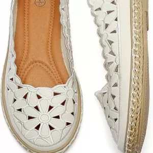 HEAWISH Women's Daisy Cut-Out Ballet Flats – Round Toe Slip On Dress Shoes Casual Walking Loafers (White)
