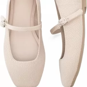 Soesyi Knit Flats for Women – Square Toe Ballet Flats with Adjustable Ankle Strap Mary Jane Shoes
