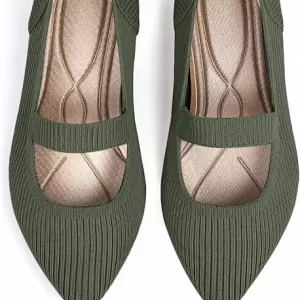 TINGRISE Women's Knit Mary Jane Flats – Pointed Toe Washable Ballet Flats Comfortable Dressy Shoes (Green)