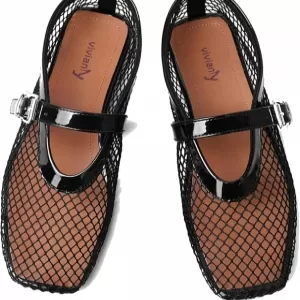 vivianly Mesh Ballet Flats for Women – Square Toe Fishnet Mary Jane Flats with Adjustable Buckle