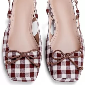 Women's Satin Ballet Flats Slingbacks – Square Toe Bow Knit Dressy Flat Shoes with Ankle Buckles (Brown Tartan)