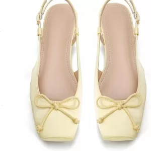 Women's Satin Ballet Flats Slingbacks – Square Toe Bow Knit Dressy Flat Shoes with Ankle Buckles (Yellow)