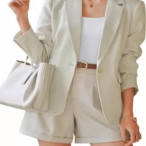 Arach&Cloz Women's Linen Blend Notched Lapel Blazer – Open Front Work Business Casual Outfit 2026