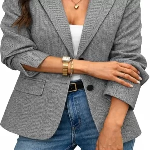 ELLEVEN Women's Herringbone Tweed Blazer – Slim Fit Business Casual Work Jacket with Flap Pockets