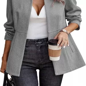 ELLEVEN Women's Open Front Herringbone Blazer – Business Casual Long Sleeve Work Jacket with Full Lining