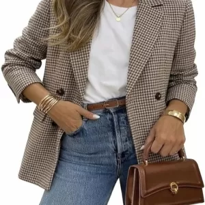 ELLEVEN Women's Oversized Boyfriend Blazer – Plaid Tweed Jacket Fully Lined for Fall Winter Work Office