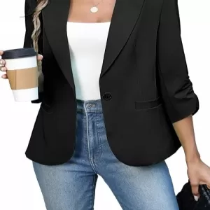 ELLEVEN Women's Ruched 3/4 Sleeve Blazer – Lightweight Slim Fit Jacket with Padded Shoulder for Business Casual