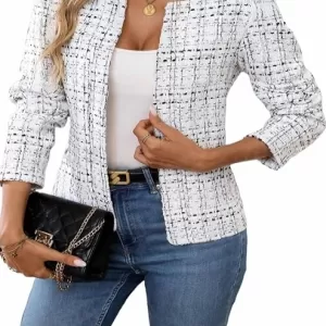 ELLEVEN Women's Tweed Open Front Blazer – Long Sleeve Notch Collar Fully Lined Casual Business Work Office Coat