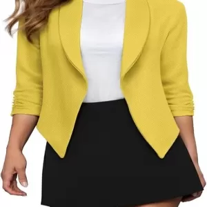 Hybrid & Company Lightweight Open Front Cardigan – Classic Ruched Sleeve Work Office Blazer Suit Jacket