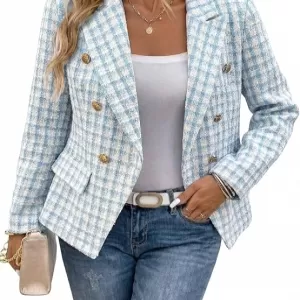 Mina Self 2026 Women's Tweed Plaid Blazer – Double-Breasted Fully Lined Slim Petite Casual Work Jacket with Pocket