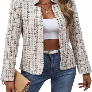 Mina Self 2026 Women's Open Front Tweed Blazer – Lightweight Plaid Stand Collar Lined Casual Work Office Jacket