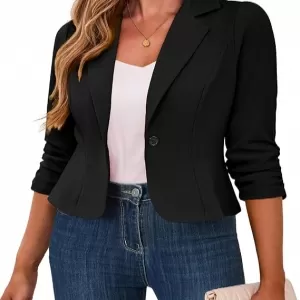 Traleubie Women's Cropped Blazer – 3/4 Ruched Sleeve Lightweight Office Wear Short Blazer with Button, S-XL