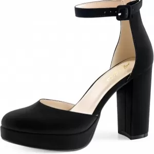 Ankis Black Platform Closed Toe Chunky Block Heels – 4 Inch Pumps Shoes for Women (Black Nubuck)