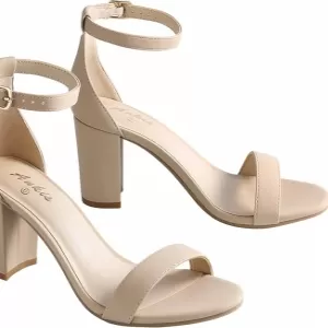 Ankis Open Toe Ankle Strap Chunky Heel Sandals – 2.75 Inch Block Heel for Women (Nude Nubuck)