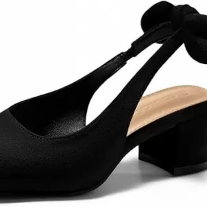 Coutgo Womens Chunky Low Heels – Bow Slingback Pumps Closed Square Toe Wedding Party Dress Shoes