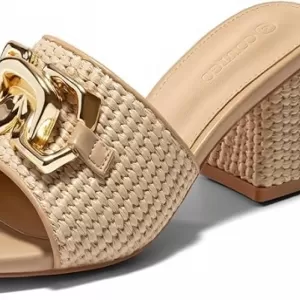 Coutgo Womens Raffia Slide Sandals – Chunky Block Heeled Square Open Toe Metal Chain Slip On Mules