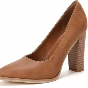 LAICIGO Women's Pointed Toe Chunky Block Heel Pumps – Slip On Dress Shoes for Party & Wedding (Brown)