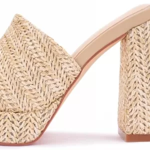 Monrovia Raffia Platform Wedge Heeled Sandals – Open Toe Chunky Block Heel Slip On Summer Beach Slides