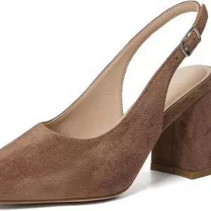 Mostrin Block Slingback Heels for Women – Pointed Closed Toe Chunky Heels Office Work Business Casual Pumps (Brown)