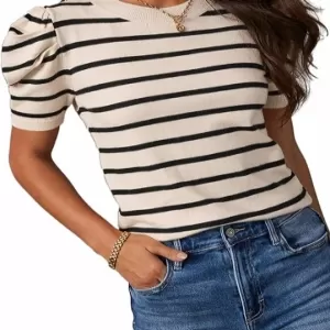 Dokotoo Striped Puff Sleeve Knit Top – Crewneck T-Shirt Casual Summer Blouse 2026
