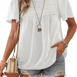 Falechay Crewneck Lace Hem Blouse – Short Sleeve Flowy Boho Shirt Trendy 2026