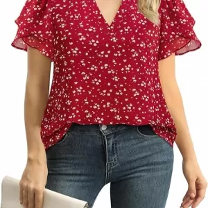 Lotusmile Petal Puff Sleeve Blouse – V Neck Dressy Casual Chiffon Work Top