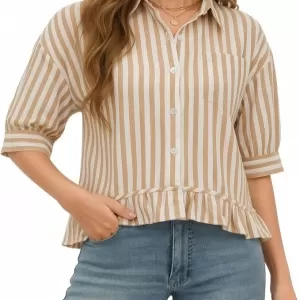 MANGOPOP Ruffle 3/4 Sleeve Blouse – Button Down Cropped Striped Babydoll Shirt