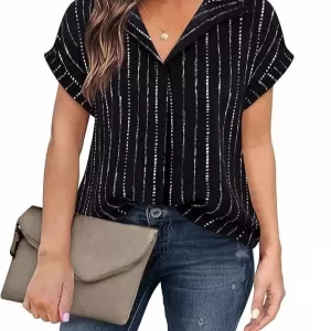 Timeson Chiffon Blouse – Short Sleeve Collared V Neck Shirt for Office Work Business Attire