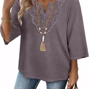 WIHOLL 3/4 Sleeve Lace V Neck Blouse – Dressy Casual Boho Top for Vacation S-3XL