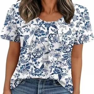 WIHOLL Pleated Short Sleeve Blouse – Business Casual Dressy T-Shirt for Women