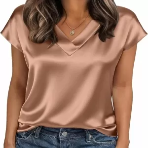 Zeagoo Silk Satin Cap Short Sleeve Blouse – V Neck Shirt Business Casual Outfits S-2XL (Light Coffee)