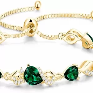 FANCIME Teardrop Tennis Bracelet – 14K Gold Plated, May Emerald, Adjustable Bolo Clasp