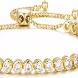 FANCIME Adjustable Tennis Bracelet – 14K Gold Plated, 2.5mm AAAAA+ CZ, Bolo Slider, 5.5-9.5