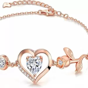 JACUPO Rose Heart Moissanite Bracelet – 1CT, S925 Silver, 18K White Gold, April Birthstone