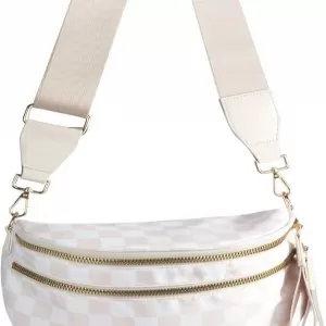 FEIBOON Checkered Nylon Crossbody – Large Bum Bag, Expandable Bottom, Extra Strap Included