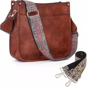 HKCLUF Hobo Crossbody – Vegan Leather, 2 Adjustable Straps (Guitar + Woven), 5 Pockets