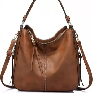 Realer Hobo Crossbody – Large Faux Leather Bucket Purse, Tassel, 2 Side Zipper Pockets