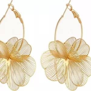 Dangle Flower Earrings – Trendy Floral Statement Hoops, Gold Tone, Drop Earrings for Women