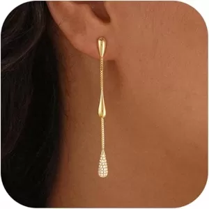 14K Gold Plated CZ Huggie Drop Earrings – Dainty Long Chain, Prom/Wedding Gift for Her