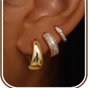 LOLIAS 14K Gold Plated Chunky Hoop Set – 3 Pairs, Hypoallergenic, Non-Tarnish, for Multiple Piercings