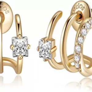 Obidos Triple Huggie Hoop Earrings – 14K Gold Plated, Illusion Stacked Look for Single Piercing