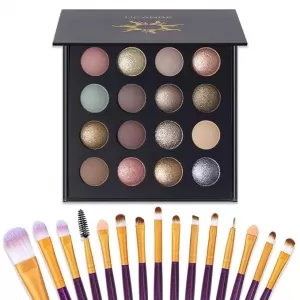 UCANBE Baked Eyeshadow Palette: 16 Colors, Matte & Shimmer, 15 Brushes