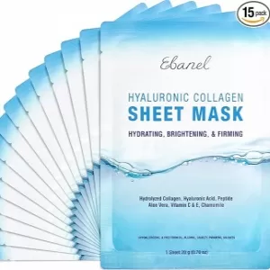 Ebanel Collagen Face Mask – 15 Pack, with Hyaluronic Acid, Vitamin C & Peptides, Korean Skincare